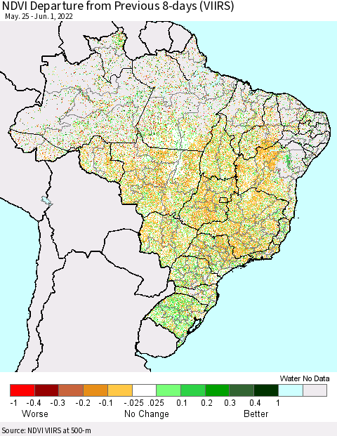 Brazil NDVI Departure from Previous 8-days (VIIRS) Thematic Map For 5/25/2022 - 6/1/2022