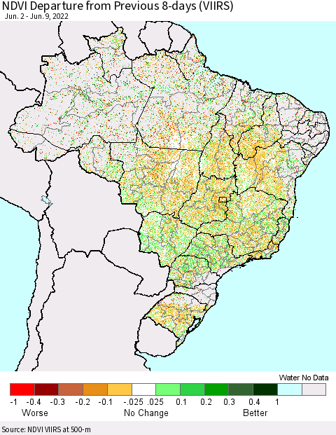 Brazil NDVI Departure from Previous 8-days (VIIRS) Thematic Map For 6/2/2022 - 6/9/2022