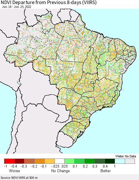Brazil NDVI Departure from Previous 8-days (VIIRS) Thematic Map For 6/18/2022 - 6/25/2022