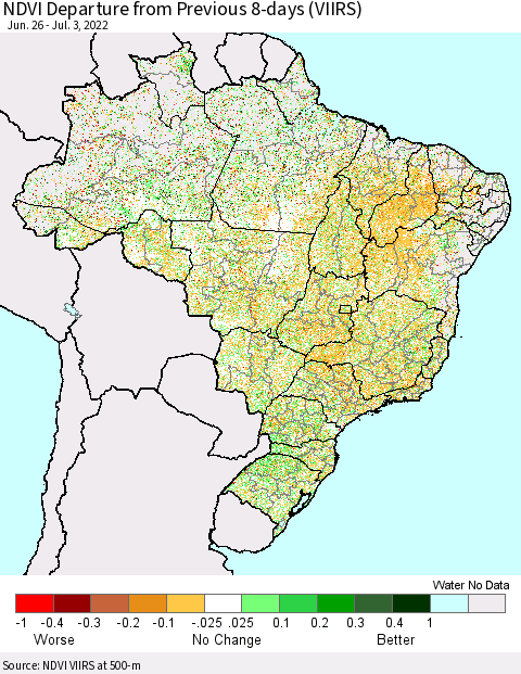 Brazil NDVI Departure from Previous 8-days (VIIRS) Thematic Map For 6/26/2022 - 7/3/2022
