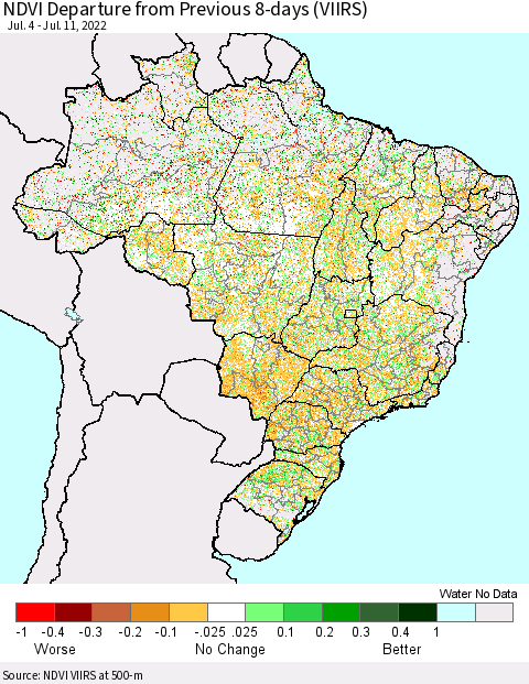 Brazil NDVI Departure from Previous 8-days (VIIRS) Thematic Map For 7/4/2022 - 7/11/2022