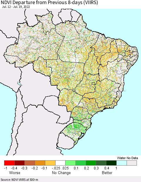 Brazil NDVI Departure from Previous 8-days (VIIRS) Thematic Map For 7/12/2022 - 7/19/2022