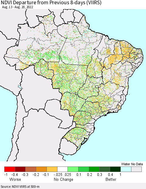 Brazil NDVI Departure from Previous 8-days (VIIRS) Thematic Map For 8/13/2022 - 8/20/2022