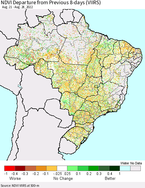 Brazil NDVI Departure from Previous 8-days (VIIRS) Thematic Map For 8/21/2022 - 8/28/2022