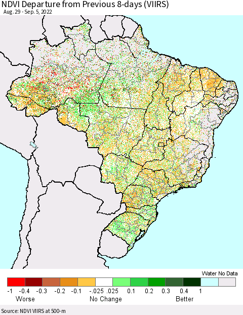Brazil NDVI Departure from Previous 8-days (VIIRS) Thematic Map For 8/29/2022 - 9/5/2022