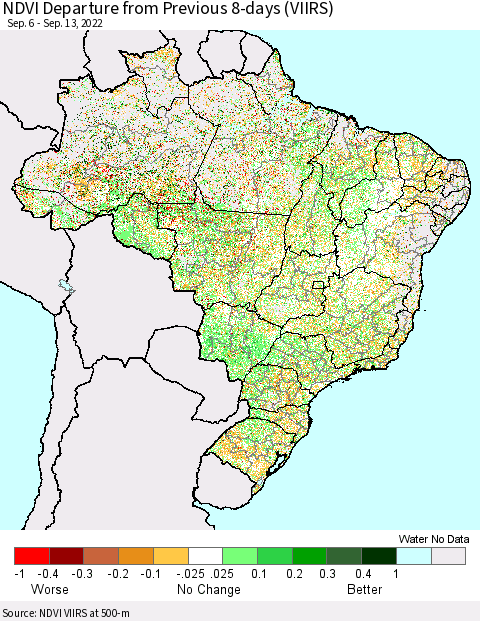 Brazil NDVI Departure from Previous 8-days (VIIRS) Thematic Map For 9/6/2022 - 9/13/2022