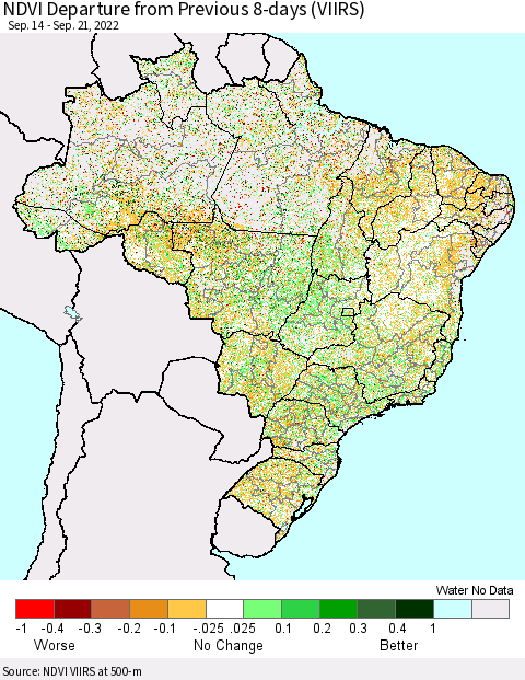 Brazil NDVI Departure from Previous 8-days (VIIRS) Thematic Map For 9/14/2022 - 9/21/2022