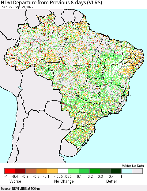 Brazil NDVI Departure from Previous 8-days (VIIRS) Thematic Map For 9/22/2022 - 9/29/2022