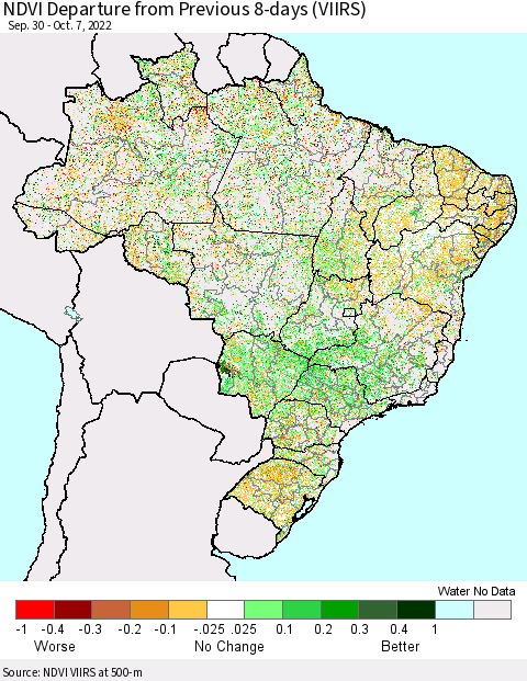 Brazil NDVI Departure from Previous 8-days (VIIRS) Thematic Map For 9/30/2022 - 10/7/2022