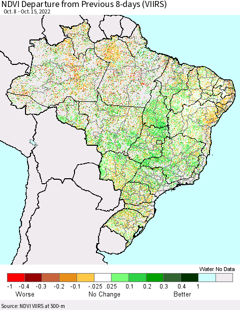 Brazil NDVI Departure from Previous 8-days (VIIRS) Thematic Map For 10/8/2022 - 10/15/2022