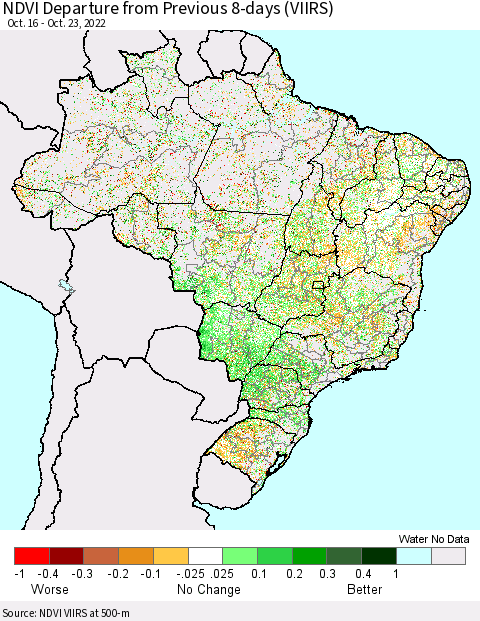 Brazil NDVI Departure from Previous 8-days (VIIRS) Thematic Map For 10/16/2022 - 10/23/2022