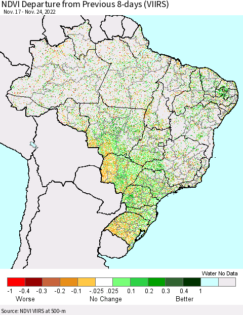 Brazil NDVI Departure from Previous 8-days (VIIRS) Thematic Map For 11/17/2022 - 11/24/2022