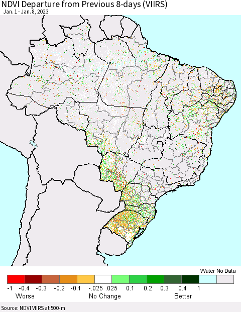 Brazil NDVI Departure from Previous 8-days (VIIRS) Thematic Map For 1/1/2023 - 1/8/2023
