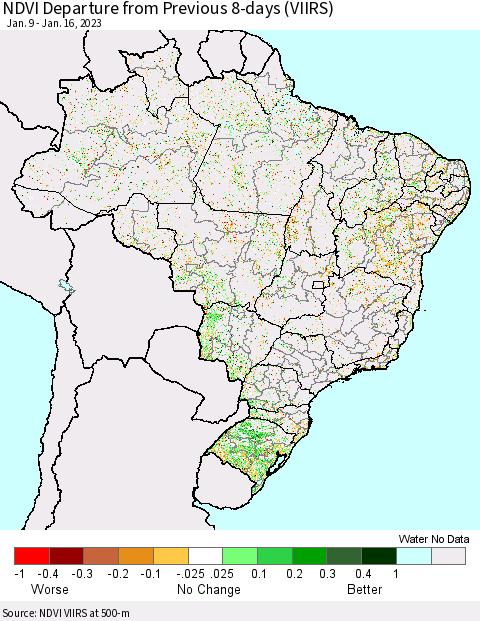 Brazil NDVI Departure from Previous 8-days (VIIRS) Thematic Map For 1/9/2023 - 1/16/2023