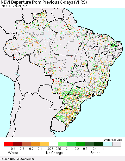 Brazil NDVI Departure from Previous 8-days (VIIRS) Thematic Map For 3/14/2023 - 3/21/2023