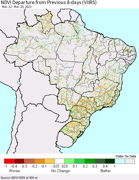 Brazil NDVI Departure from Previous 8-days (VIIRS) Thematic Map For 3/22/2023 - 3/29/2023