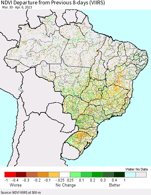 Brazil NDVI Departure from Previous 8-days (VIIRS) Thematic Map For 3/30/2023 - 4/6/2023