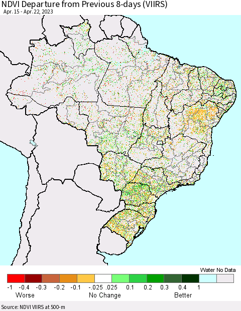 Brazil NDVI Departure from Previous 8-days (VIIRS) Thematic Map For 4/15/2023 - 4/22/2023