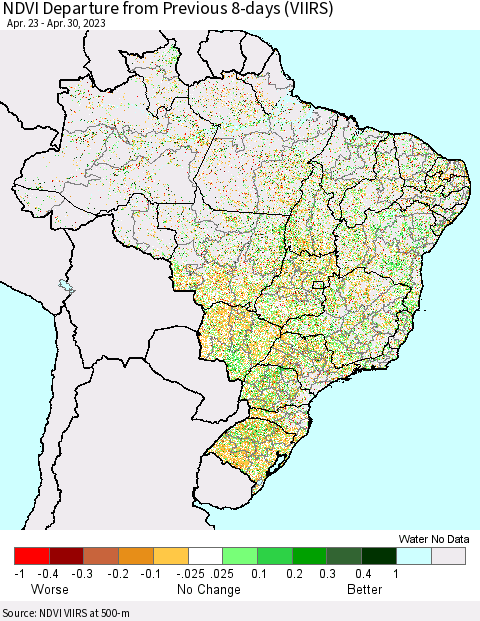 Brazil NDVI Departure from Previous 8-days (VIIRS) Thematic Map For 4/23/2023 - 4/30/2023