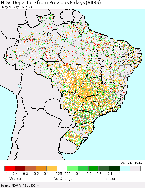 Brazil NDVI Departure from Previous 8-days (VIIRS) Thematic Map For 5/9/2023 - 5/16/2023