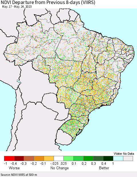 Brazil NDVI Departure from Previous 8-days (VIIRS) Thematic Map For 5/17/2023 - 5/24/2023