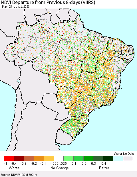 Brazil NDVI Departure from Previous 8-days (VIIRS) Thematic Map For 5/25/2023 - 6/1/2023