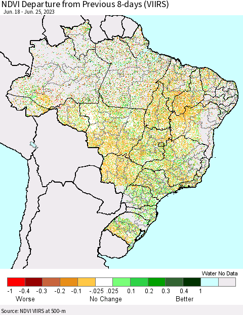 Brazil NDVI Departure from Previous 8-days (VIIRS) Thematic Map For 6/18/2023 - 6/25/2023