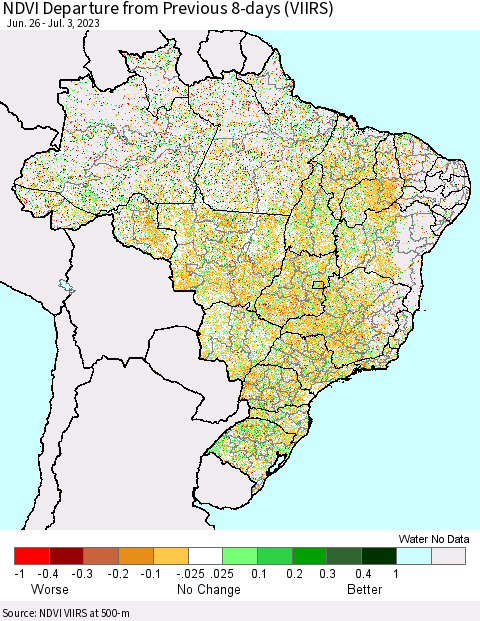 Brazil NDVI Departure from Previous 8-days (VIIRS) Thematic Map For 6/26/2023 - 7/3/2023