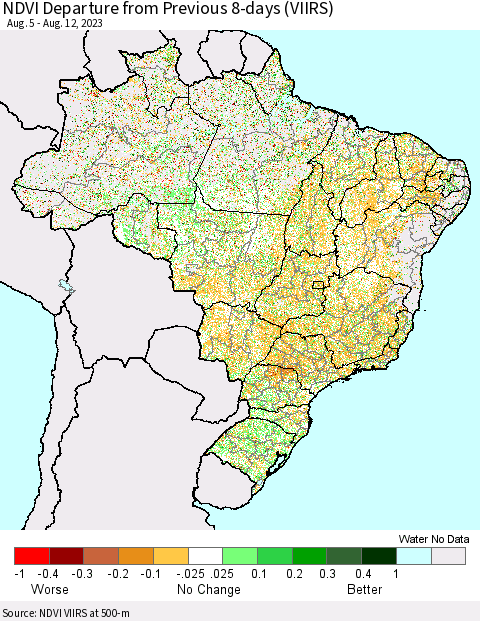Brazil NDVI Departure from Previous 8-days (VIIRS) Thematic Map For 8/5/2023 - 8/12/2023
