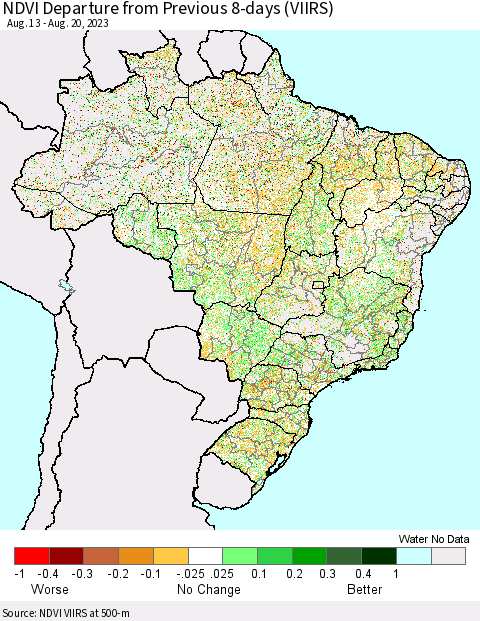 Brazil NDVI Departure from Previous 8-days (VIIRS) Thematic Map For 8/13/2023 - 8/20/2023