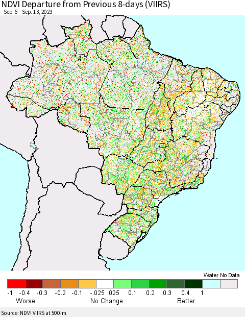 Brazil NDVI Departure from Previous 8-days (VIIRS) Thematic Map For 9/6/2023 - 9/13/2023