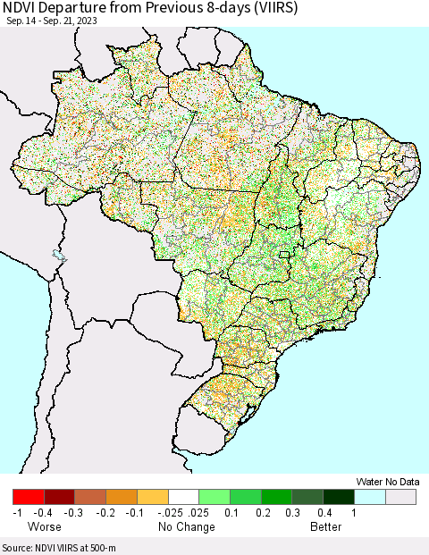Brazil NDVI Departure from Previous 8-days (VIIRS) Thematic Map For 9/14/2023 - 9/21/2023