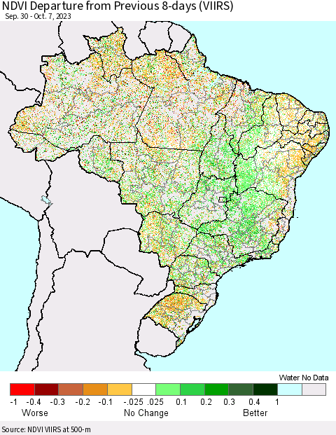 Brazil NDVI Departure from Previous 8-days (VIIRS) Thematic Map For 9/30/2023 - 10/7/2023