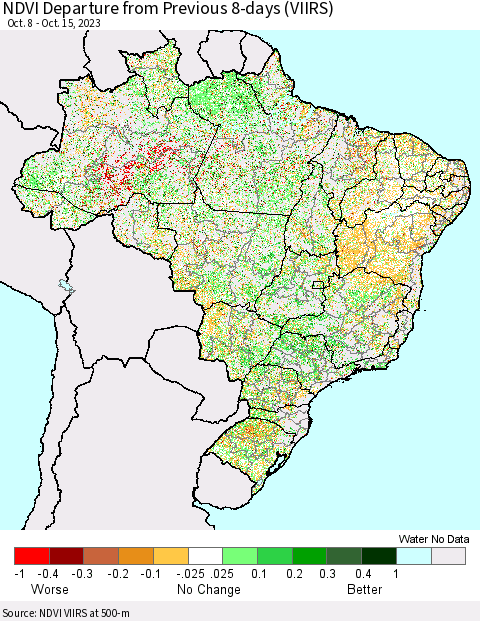 Brazil NDVI Departure from Previous 8-days (VIIRS) Thematic Map For 10/8/2023 - 10/15/2023