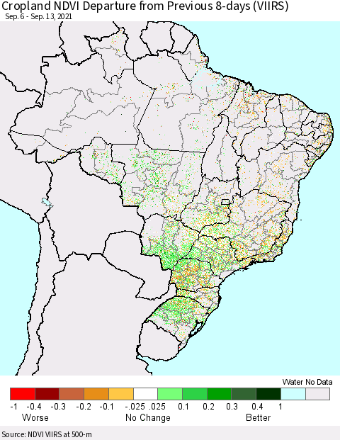 Brazil Cropland NDVI Departure from Previous 8-days (VIIRS) Thematic Map For 9/6/2021 - 9/13/2021
