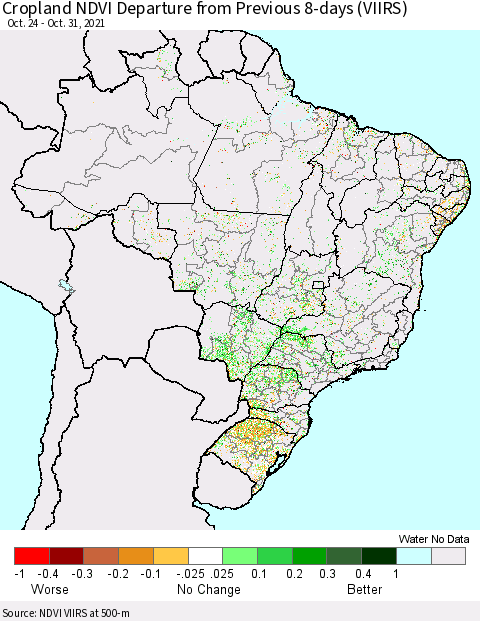 Brazil Cropland NDVI Departure from Previous 8-days (VIIRS) Thematic Map For 10/24/2021 - 10/31/2021