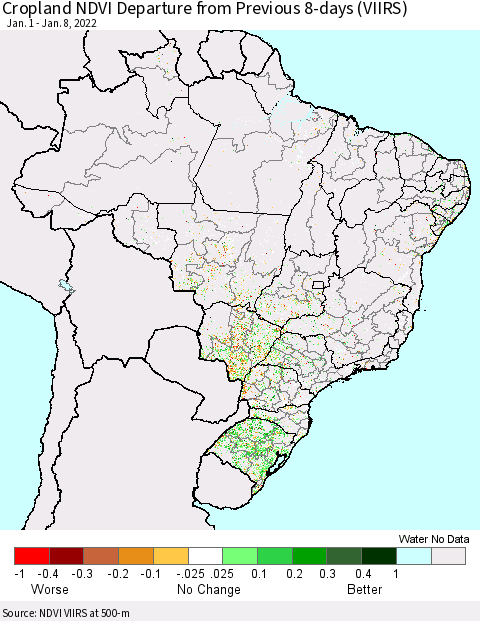 Brazil Cropland NDVI Departure from Previous 8-days (VIIRS) Thematic Map For 1/1/2022 - 1/8/2022
