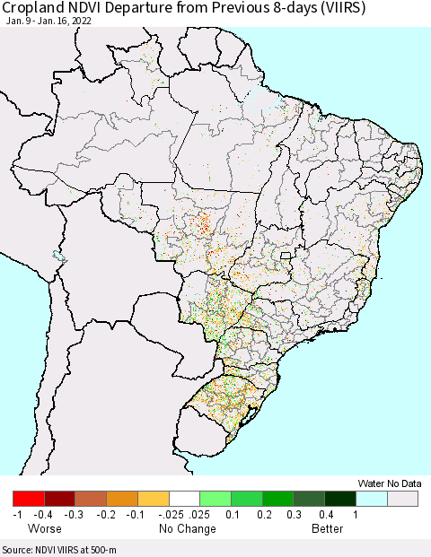 Brazil Cropland NDVI Departure from Previous 8-days (VIIRS) Thematic Map For 1/9/2022 - 1/16/2022