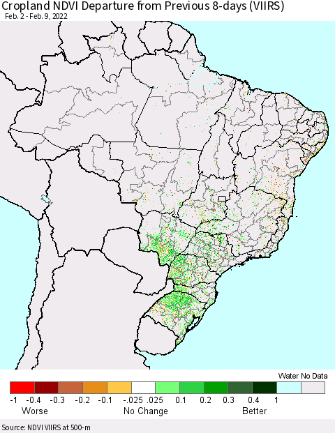 Brazil Cropland NDVI Departure from Previous 8-days (VIIRS) Thematic Map For 2/2/2022 - 2/9/2022