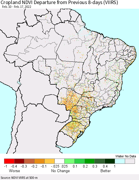 Brazil Cropland NDVI Departure from Previous 8-days (VIIRS) Thematic Map For 2/10/2022 - 2/17/2022