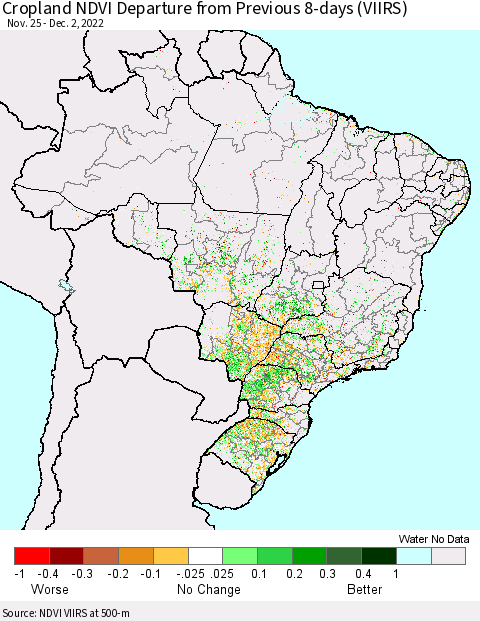 Brazil Cropland NDVI Departure from Previous 8-days (VIIRS) Thematic Map For 11/25/2022 - 12/2/2022