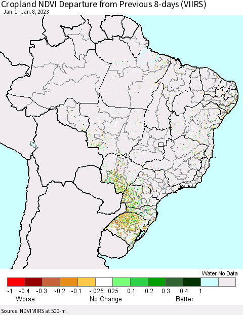 Brazil Cropland NDVI Departure from Previous 8-days (VIIRS) Thematic Map For 1/1/2023 - 1/8/2023