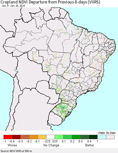 Brazil Cropland NDVI Departure from Previous 8-days (VIIRS) Thematic Map For 1/9/2023 - 1/16/2023