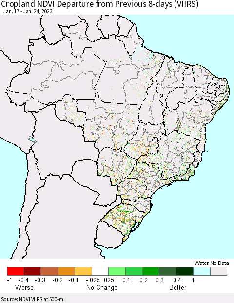 Brazil Cropland NDVI Departure from Previous 8-days (VIIRS) Thematic Map For 1/17/2023 - 1/24/2023