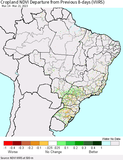 Brazil Cropland NDVI Departure from Previous 8-days (VIIRS) Thematic Map For 3/14/2023 - 3/21/2023