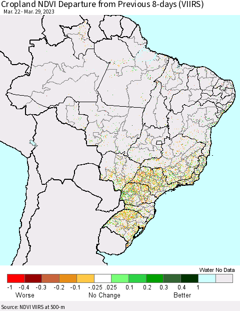 Brazil Cropland NDVI Departure from Previous 8-days (VIIRS) Thematic Map For 3/22/2023 - 3/29/2023