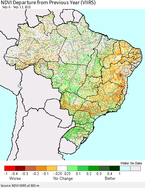Brazil NDVI Departure from Previous Year (VIIRS) Thematic Map For 9/6/2021 - 9/13/2021