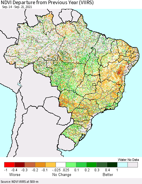Brazil NDVI Departure from Previous Year (VIIRS) Thematic Map For 9/14/2021 - 9/21/2021