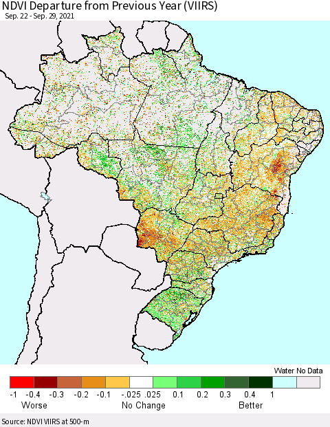 Brazil NDVI Departure from Previous Year (VIIRS) Thematic Map For 9/22/2021 - 9/29/2021