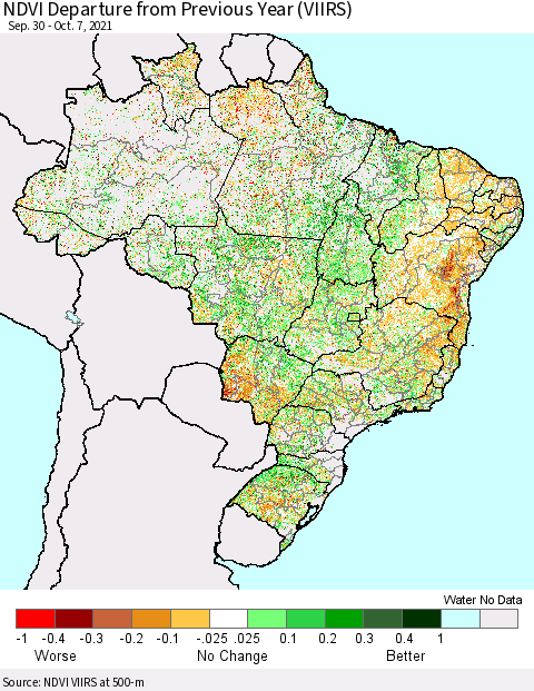 Brazil NDVI Departure from Previous Year (VIIRS) Thematic Map For 9/30/2021 - 10/7/2021